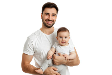 Portrait of Father holding baby with his arms isolated on transparent png background, Dad and baby moment, cute and adorable little infant.