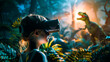 child looks through dinosaur virtual reality glasses. Selective focus.