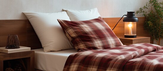 Wall Mural - A bed with a purple plaid comforter and matching pillows on hardwood flooring in a bedroom, creating a cozy and inviting atmosphere