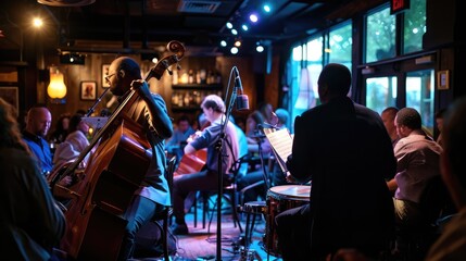 Wall Mural - An evening at a jazz club, musicians in mid-performance, intimate lighting, audience engagement, capturing the essence of live music. Resplendent.