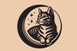 Cute tabby cat on the moon. Abstract circular illustration, emblem, logo. Cut out