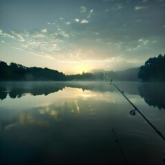 Canvas Print - a fishing rod sitting on top of a body of water