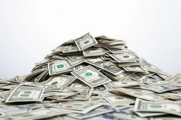 Poster - A photo showing a large stack of money neatly arranged on top of a table, A pile of money growing higher representing inflation, AI Generated