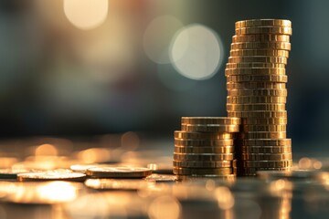 Canvas Print - A pile of gold coins arranged neatly on top of a wooden table, A pile of money growing higher representing inflation, AI Generated