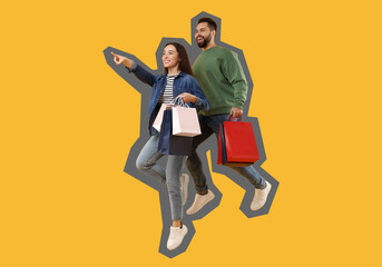 Sticker - Happy couple with shopping bags jumping on orange background