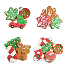 Wall Mural - Different tasty Christmas cookies isolated on white, top view