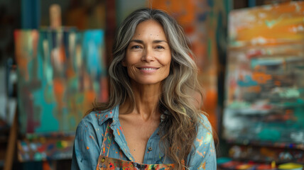 Wall Mural - A woman with long hair is smiling in front of a painting with a blue shirt