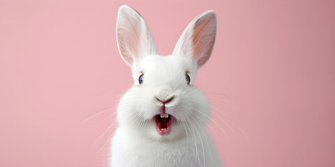 Wall Mural - Cute white pet rabbit or bunny smiling and laughing, isolated with copy space for Easter card.