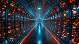 Fototapeta Perspektywa 3d - A long tunnel with blue and orange lights