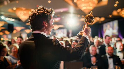 elegant man in a suit holding a trophy at an award ceremony with a cheering audience in the backgrou