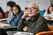 Senior man participating in lifelong learning class. Elderly student engages in education among younger classmates 