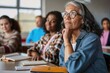 © losmostachos - Senior woman participating in lifelong learning class. Elderly student engages in education among younger classmates