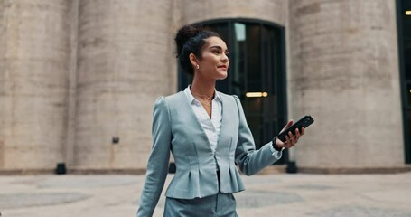 Sticker - Business woman, phone and walk in city with luggage, smile or search for hotel location on sidewalk. Entrepreneur, person and smartphone for travel, networking and direction on urban road in Colombia