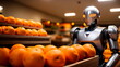 Humanoid robot made of metal works in a fruit store