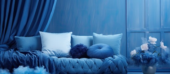 Wall Mural - An electric blue room with a cozy couch, plush pillows, and a vase of purple flowers. The azure curtains add a touch of elegance to the space