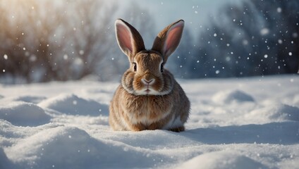 Wall Mural - Easter bunny on white snow background.
