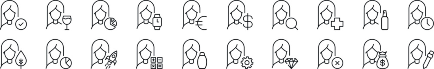 Wall Mural - pack of linear symbols of female user by items. editable stroke. linear symbol for web sites, newspa