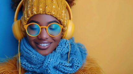 Wall Mural - Woman Wearing Headphones and Yellow Sweater