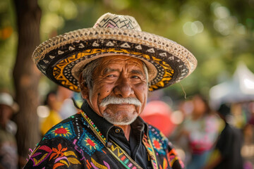 Wall Mural - A man with a mustache and a hat is looking at the camera. hat is colorful and has a design on it. The man's expression is serious and contemplative. an old Mexican man wearing an oversized sombrero