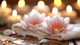Fototapeta  - water lilies on a white towel with twinkling lights in the background,
Concept: spas, wellness centers about relaxation and meditation