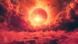 Apocalyptic landscape with fiery sky and planet