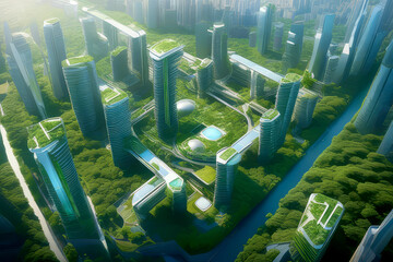Wall Mural - Smart sustainable city architecture with buildings for carbon footprint, environment and futuristic. Eco friendly town for green ecology with plants. Generative AI.