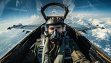 Fototapeta  - Pilot in cockpit of fighter jet above the clouds