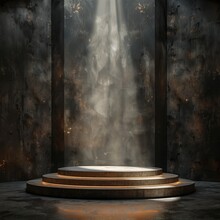 Circular podium with steps and rays of light descending with smoke particles in the background. For product presentation