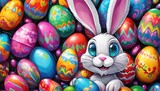 Fototapeta  - Vibrant easter bunny with colorful eggs