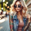 Portrait of a beautiful woman with blonde hair and many tattoos wearing sunglasses