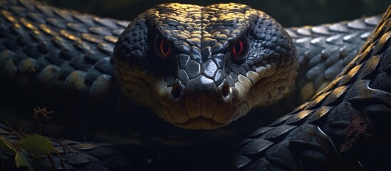 Canvas Print - A closeup of a terrestrial animal with electric blue scales, red eyes, and sharp fangs, staring symmetrically at the camera in darkness, resembling art