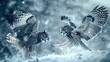 Two owls fiercely battling in a snowy setting, showcasing their aggression and territorial behavior.