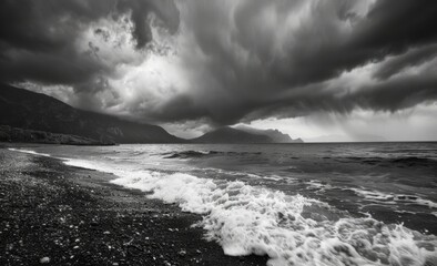 Wall Mural - Black and white photography of stormy clouds over the sea, waves crashing on a black sand beach Generative AI