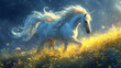A cream stallion horse with wings, glowing blue eyes, slowly disintegrating in space after floating in space following a gigantic galatic battle leaving spaceship debris