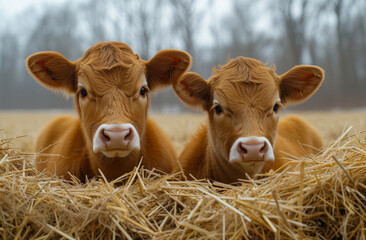 Wall Mural - Two brown calves lie in the hay and look at the camera