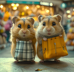 Wall Mural - Two hamsters are holding suitcase and bag in the mall.