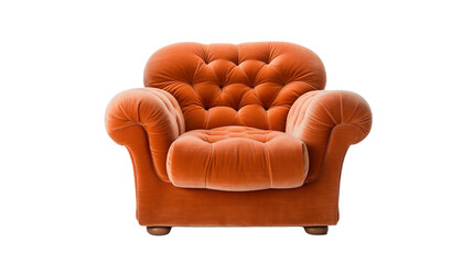 Wall Mural - Luxurious Orange Velvet Armchair with Deep Button Tufts Isolated on Transparent Background