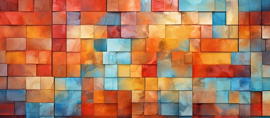 Wall Mural - A closeup of a vibrant stained glass window featuring a mix of azure, aqua, and brown hues in intricate patterns of symmetry and texture, resembling a textile art piece