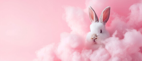 Wall Mural - Easter bunny poster. Cute fluffy eared rabbit peeking out from cotton candy. Little Hare hiding in pink clouds, pastel colors. Copy space. Mockup for greetings card, poster, flyer. Spring Holiday