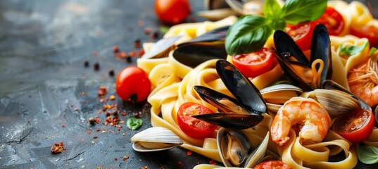 Wall Mural - Delicious seafood pasta dish on blurred restaurant background with space for text