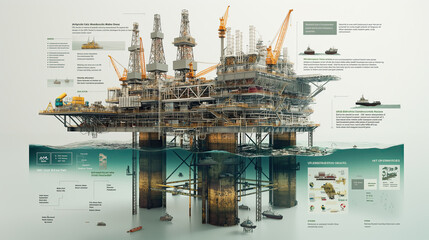 A vibrant infographic image showing an offshore oil platform with helipad, surrounded by tropical waters and lush greenery, highlighting the unique juxtaposition of industry and nature