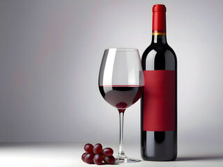 Red Wine Bottle And Glass, On A Table, Bottles Have Clean Label, For Insert Of Custom Design, Isolated Background, Copy Space For Text Placement