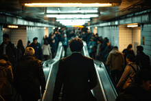 A lone individual stands out amidst the hustle and bustle of a crowded underground station