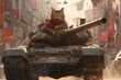 A cat comfortably perched on the turret of a military tank, curiously looking around.