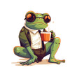 Cool frog character drink a cup of coffee illustration
