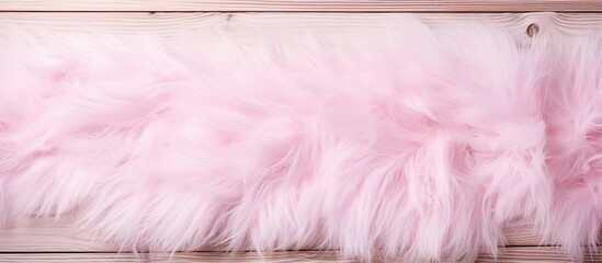 Wall Mural - A close up of a magenta fur rug in a rectangular shape on a hardwood surface with a wooden flooring pattern in shades of purple and pink