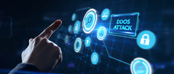 DDoS ATTACK inscription, online attack concept inscription, online security concept.