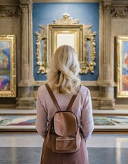  Back of an adult person looking at renaissance style paintings in an old museum art gallery