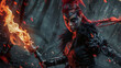 Dark fantasy themed Thiefling female showcasing black and red tribal hair and devil tail Dressed in leather armor holding a flaming sword set in a demon realm