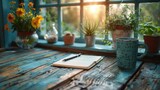 Fototapeta Kuchnia - a front view photograph showcasing a wooden kitchen table adorned with a notebook and pens, bathed in soft, inviting light that accentuates the warmth and character of the scene.
